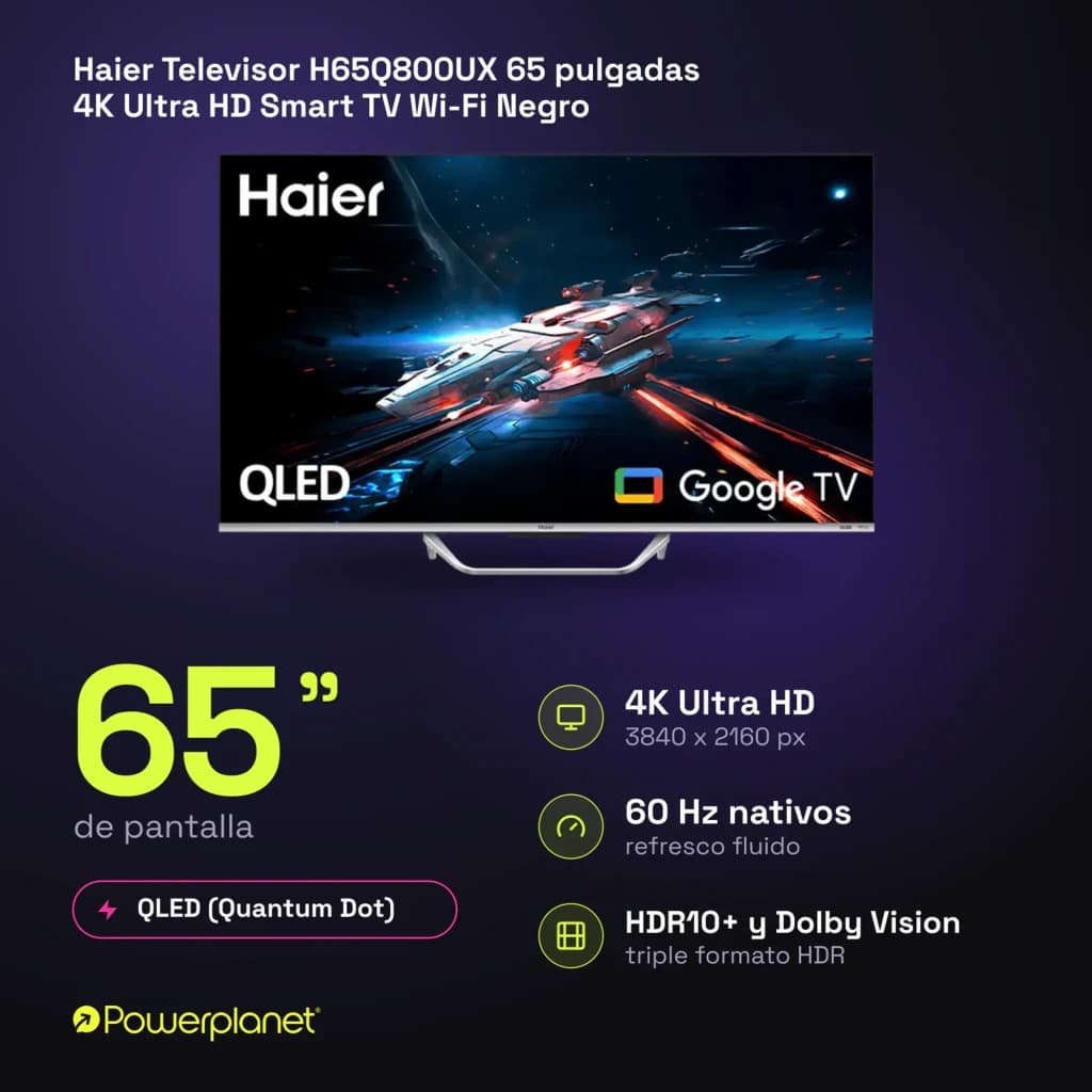 Televisor Haier H65Q800UX 65 pulgadas QLED 4K con Google TV, biseles finos y peana metálica; colores vivos, alto contraste y fluidez 120 Hz con HDMI 2.1
