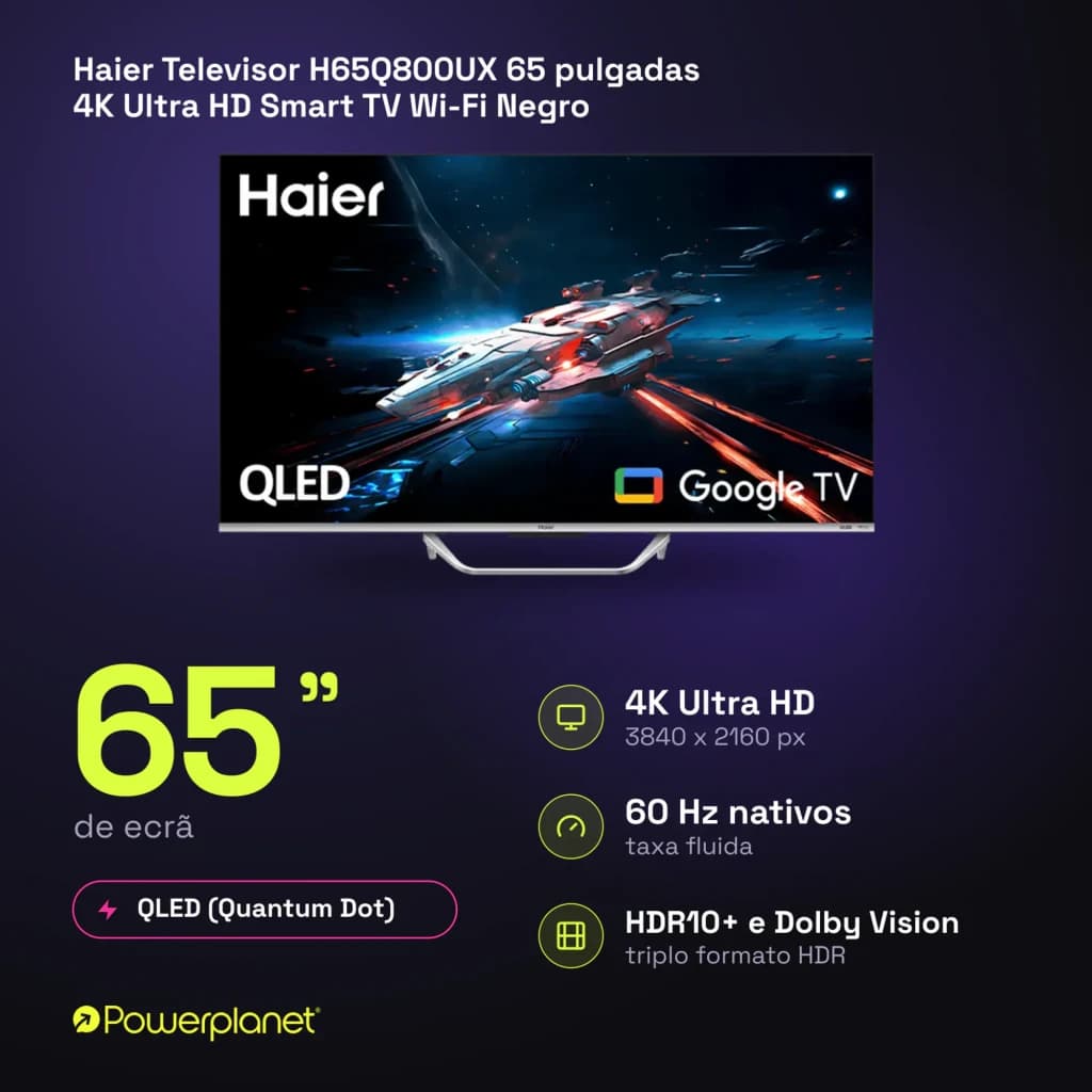 Televisor Haier H65Q800UX 65 pulgadas con panel QLED 4K, 120 Hz, HDMI 2.1 y Google TV; marco delgado y peana metálica, colores vibrantes y alto contraste