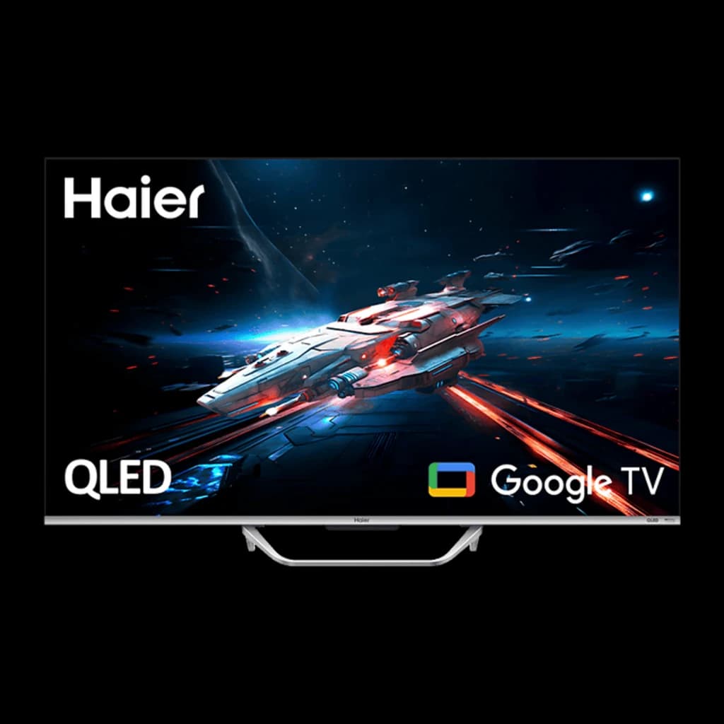 Televisor Haier H65Q800UX de 65 pulgadas con pantalla QLED 4K, 120Hz, biseles finos y soporte central; interfaz Google TV y puertos HDMI 2.1 visibles en