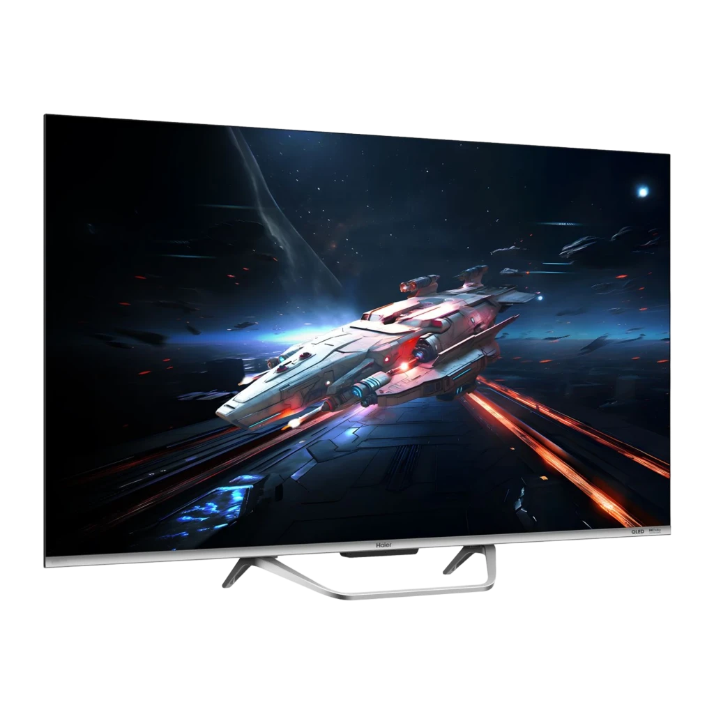 Televisor Haier H65Q800UX de 65 pulgadas con pantalla QLED 4K, 120Hz, biseles finos y soporte central; interfaz Google TV y puertos HDMI 2.1 visibles en - Ítem8