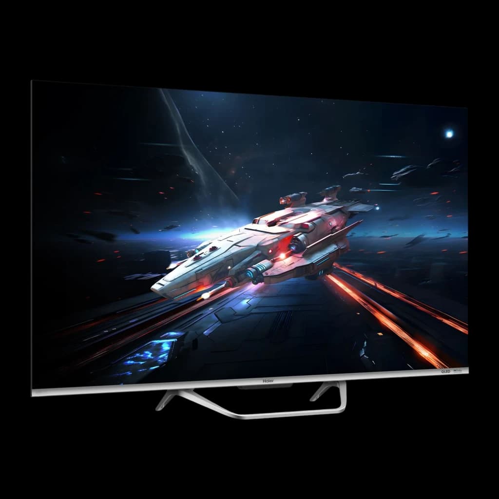 Televisor Haier H65Q800UX 65 pulgadas QLED 4K con biseles ultra finos, peana metálica y pantalla brillante mostrando escena espacial vibrante y nítida