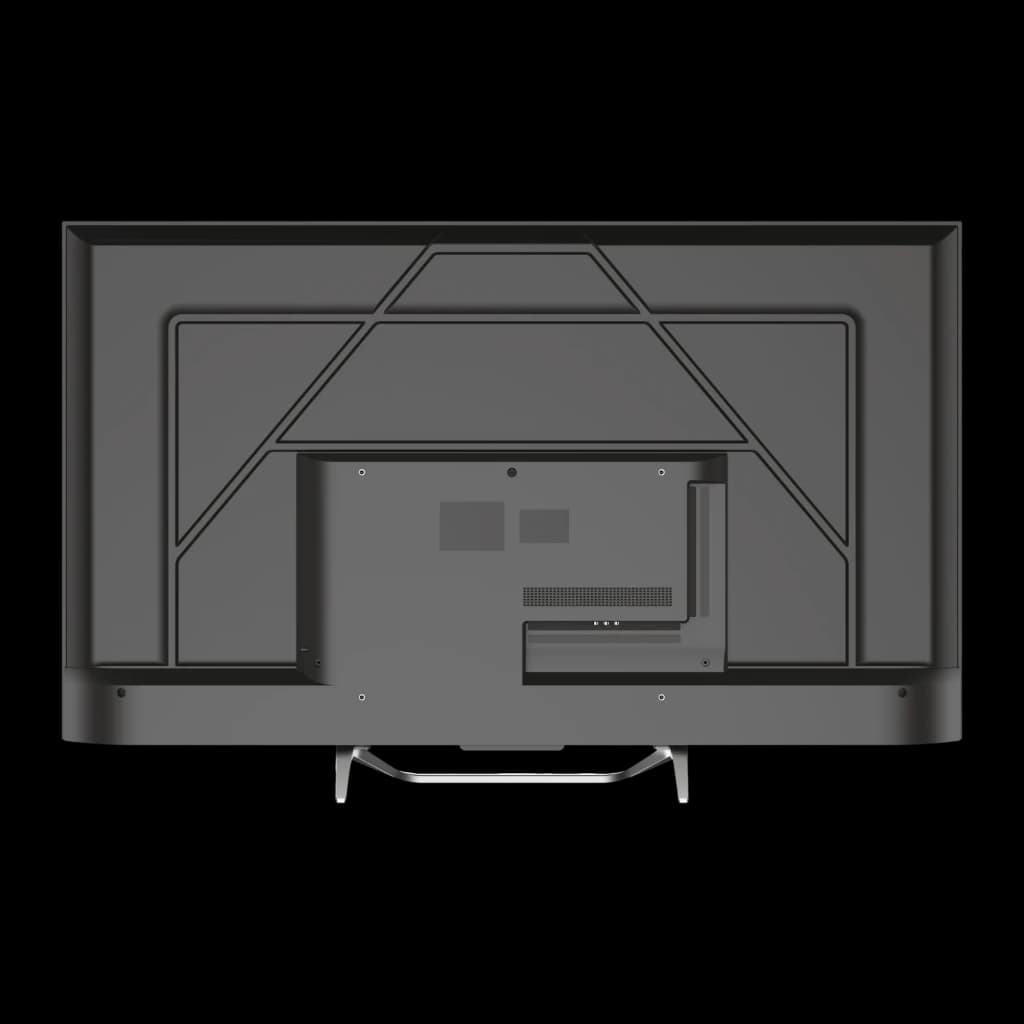 Parte trasera del Televisor Haier H65Q800UX 65 pulgadas QLED: panel posterior gris con puertos accesibles, rejillas de ventilación y base metálica central