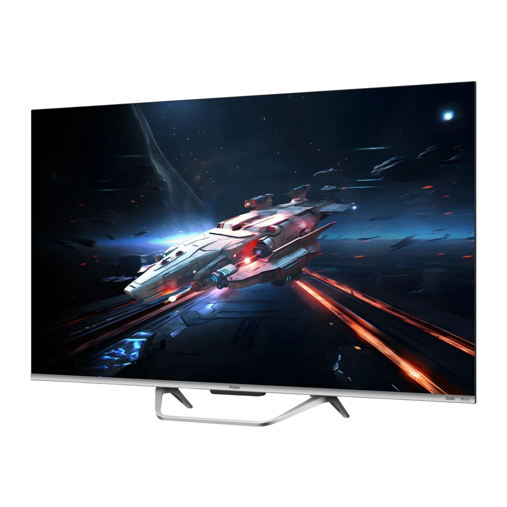 Televisor Haier H65Q800UX de 65 pulgadas con pantalla QLED 4K, 120Hz, biseles finos y soporte central; interfaz Google TV y puertos HDMI 2.1 visibles en - Ítem5