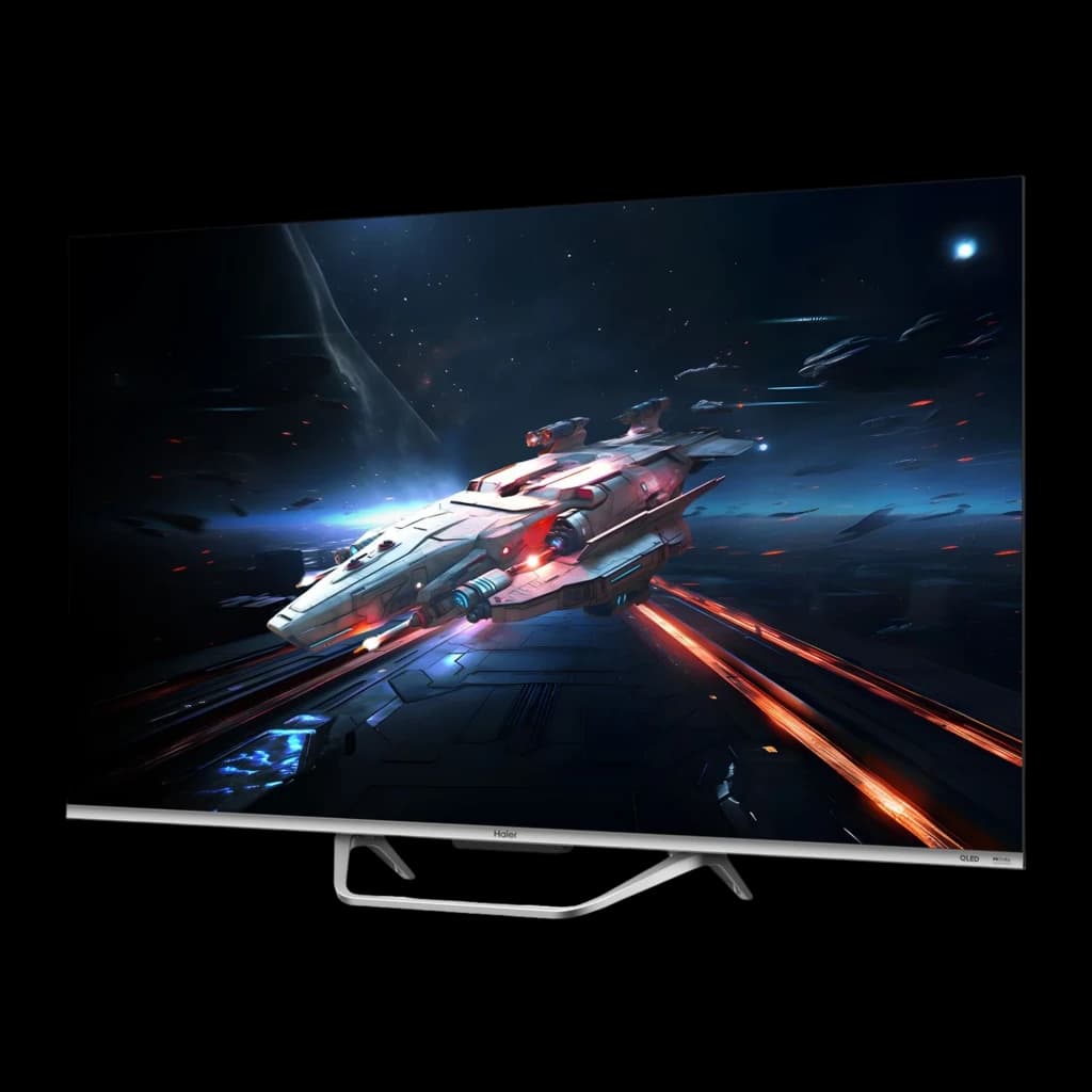 Televisor Haier H65Q800UX 65 pulgadas QLED 4K con bordes ultrafinos, soporte metálico en V y pantalla mostrando escena espacial vibrante y detallada