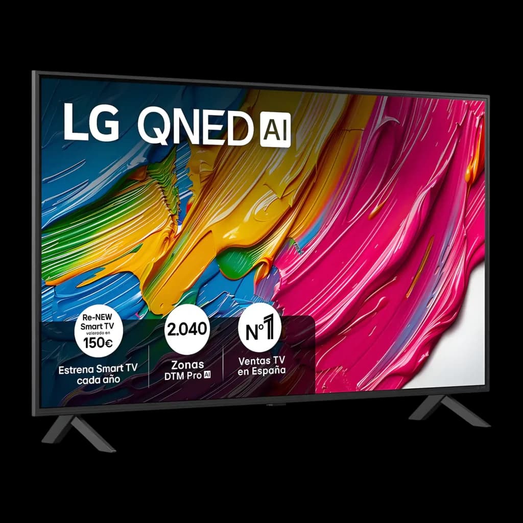 Téléviseur LG 43QNED80A6A 43 pouces QNED 4K avec bords fins, double pieds noirs et écran aux couleurs vives; interface WebOS 25, 60 Hz