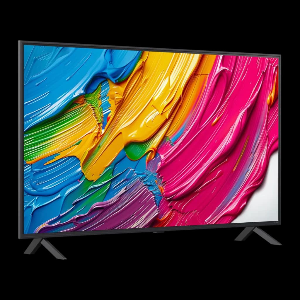 Téléviseur LG 50QNED80A6A 50 pouces QNED 4K avec cadre fin noir, écran lumineux affichant couleurs vives et contrastes nets, pieds latéraux stables