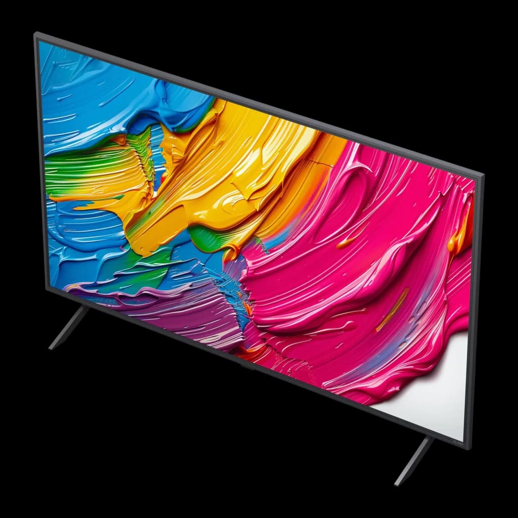 Téléviseur LG 50QNED80A6A 50 pouces QNED 4K avec écran plat fin, bords noirs minces, pieds écartés et affichage de couleurs vives et contrastées sur