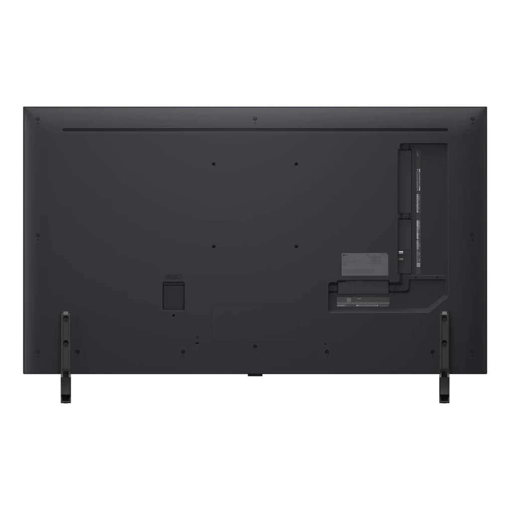 Arrière du Téléviseur LG 50QNED80A6A 50 pouces QNED 4K avec deux pieds écartés, ports latéraux couverts et panneau arrière noir épuré