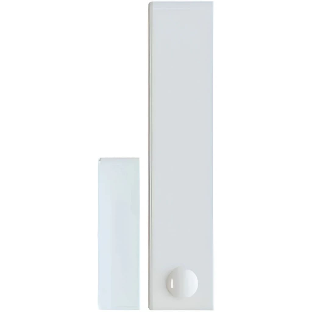 Capteur d’ouverture blanc minimaliste en deux modules verticaux assortis, finition lisse et bouton discret en bas, design fin pour portes ou fenêtres