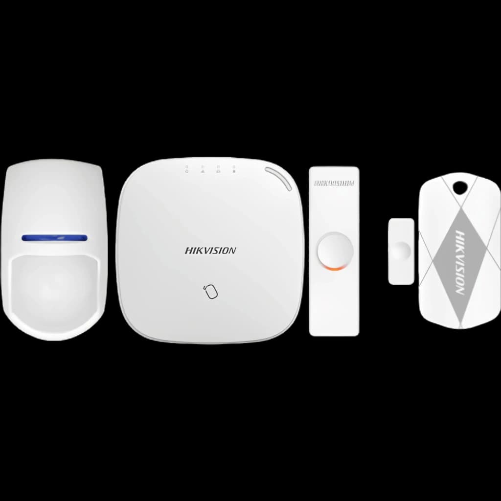 Kit AXHub HIKVISION HIK-196 blanc incluant centrale compacte, détecteur de mouvement, contact magnétique et télécommande au design épuré