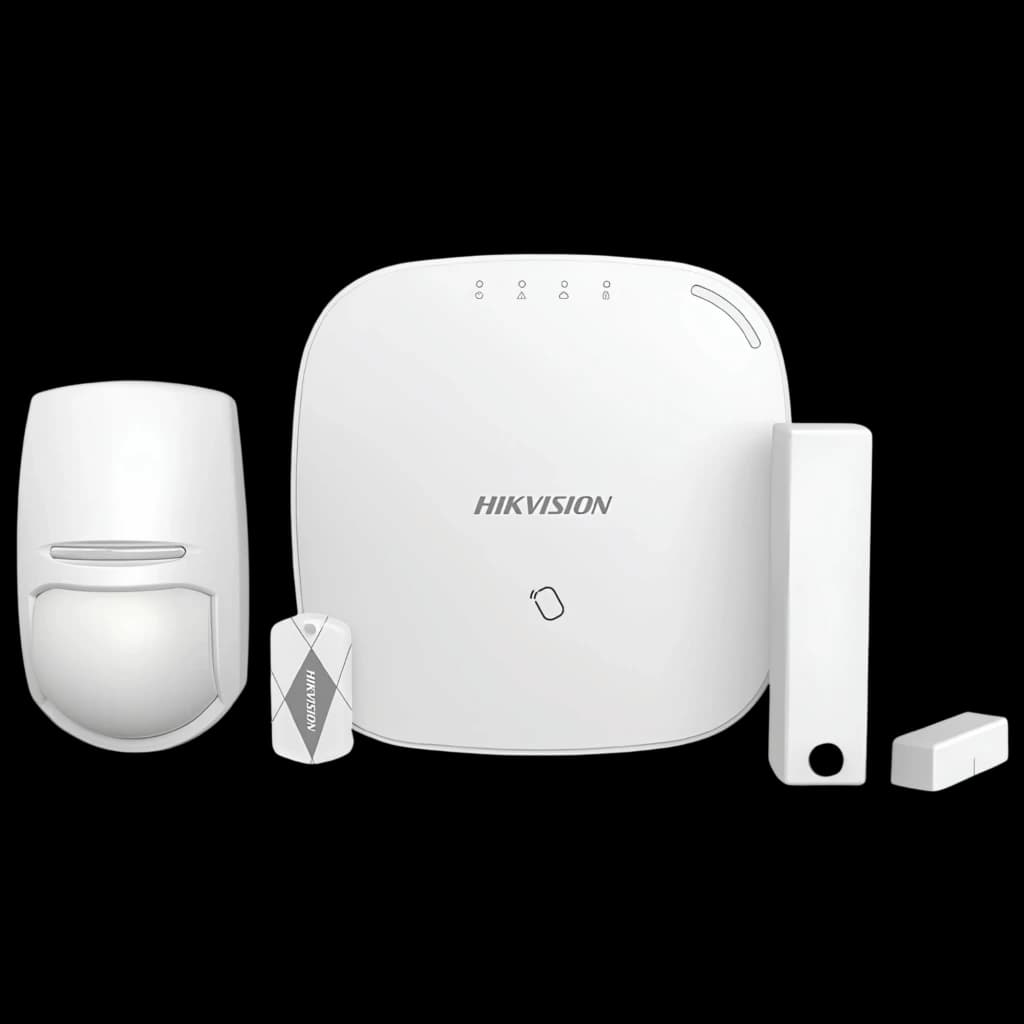 Kit AXHub HIKVISION HIK-196 blanc avec centrale carrée, détecteur PIR, contact magnétique et badge; voyants LED, design épuré, composants sans fil 868 MHz