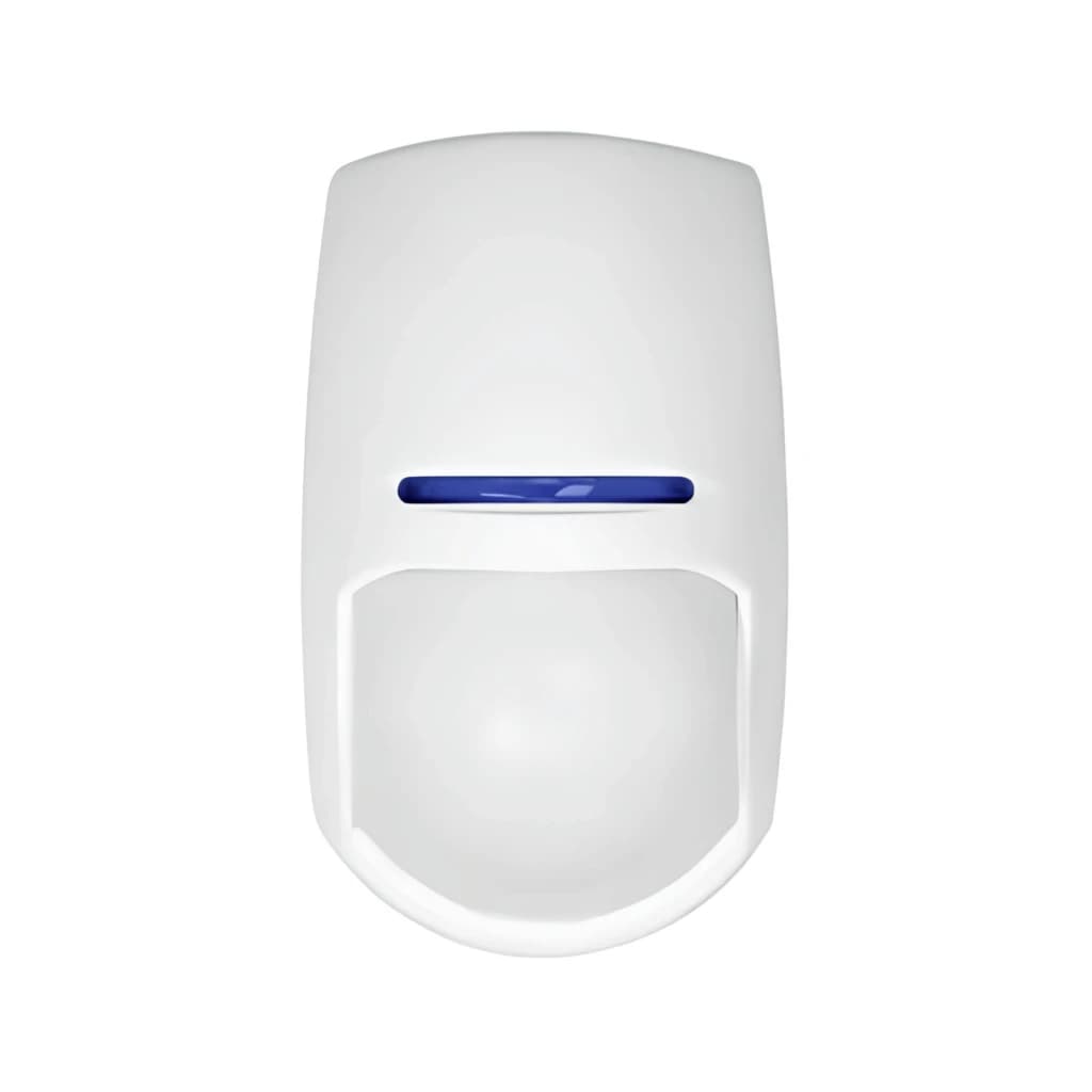 Détecteur de mouvement blanc au design compact, lentille bombée et bande bleue frontale, compatible système AXHub HIKVISION 868 MHz