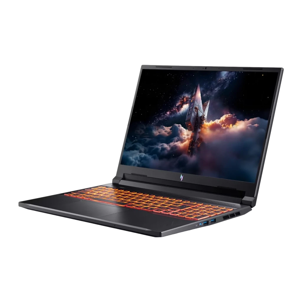 Acer NITRO V 16 AI ANV16-42 512GB preto, vista frontal 3/4 esquerda: ecrã com cena espacial e teclado retroiluminado laranja - Item2