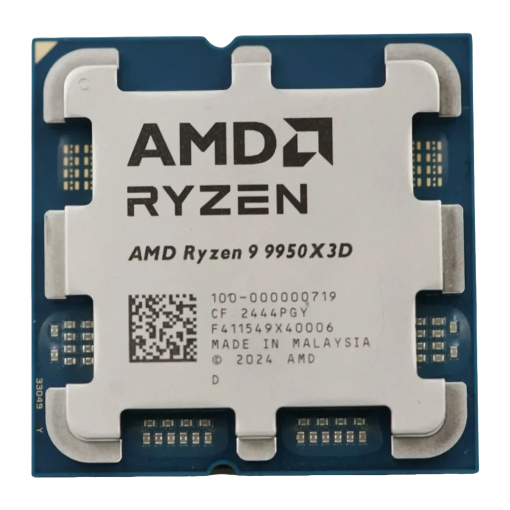 AMD Ryzen 9 9950X3D AM5, vue de face: IHS argenté avec logo AMD Ryzen gravé et code QR visible - Ítem2