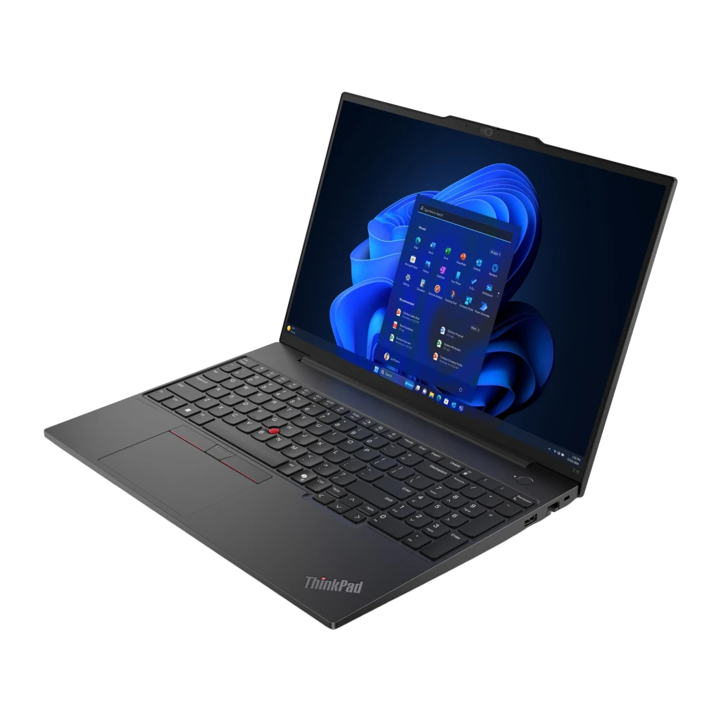Lenovo ThinkPad E16 Gen 3 512GB preto, vista frontal em ângulo: ecrã com Windows 11, teclado com TrackPoint vermelho e - Item1