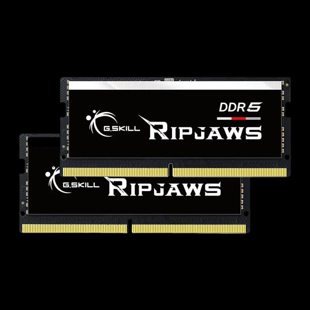 G.Skill Ripjaws DDR5 32GB noir, vue de face: kit 2x SO-DIMM empilées, étiquette DDR5 et connecteurs dorés visibles