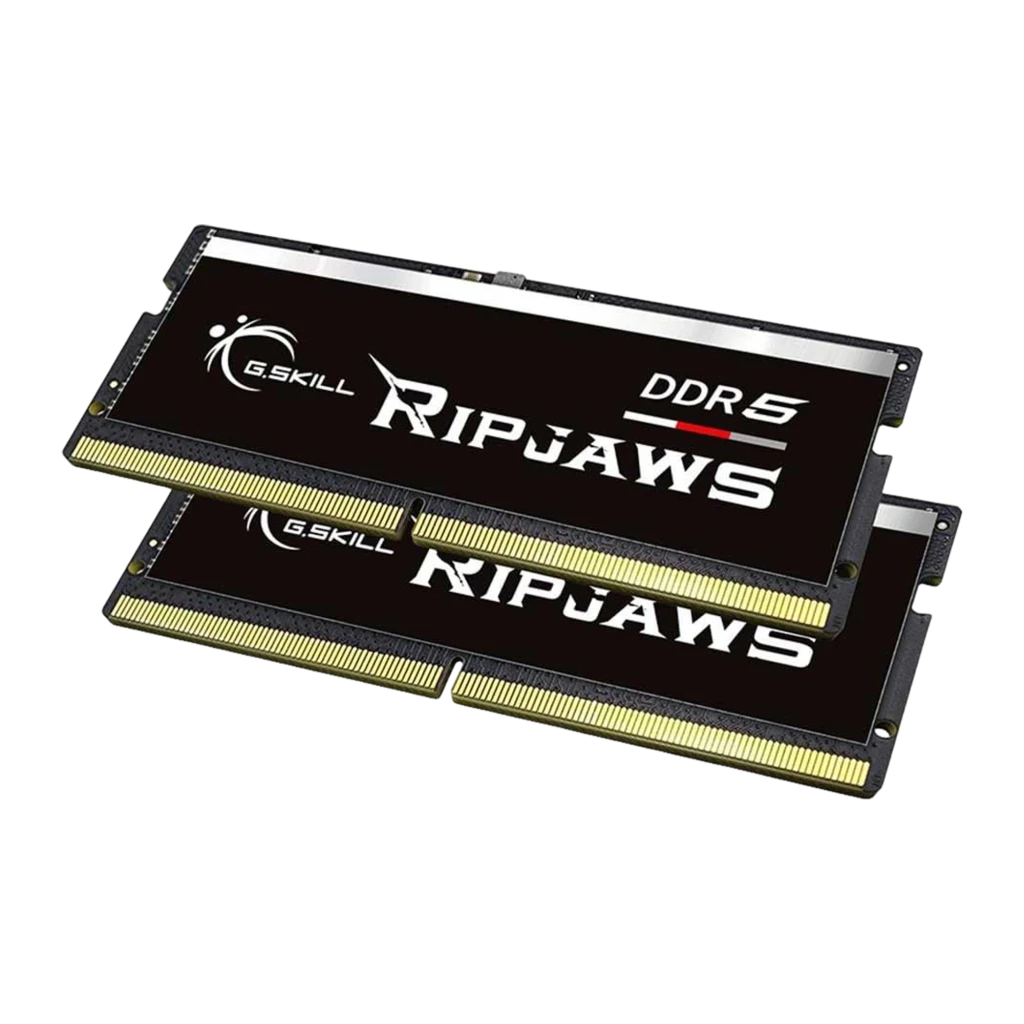 G.Skill Ripjaws DDR5 32GB noir, vue de face: kit 2x SO-DIMM empilées, étiquette DDR5 et connecteurs dorés visibles - Ítem1