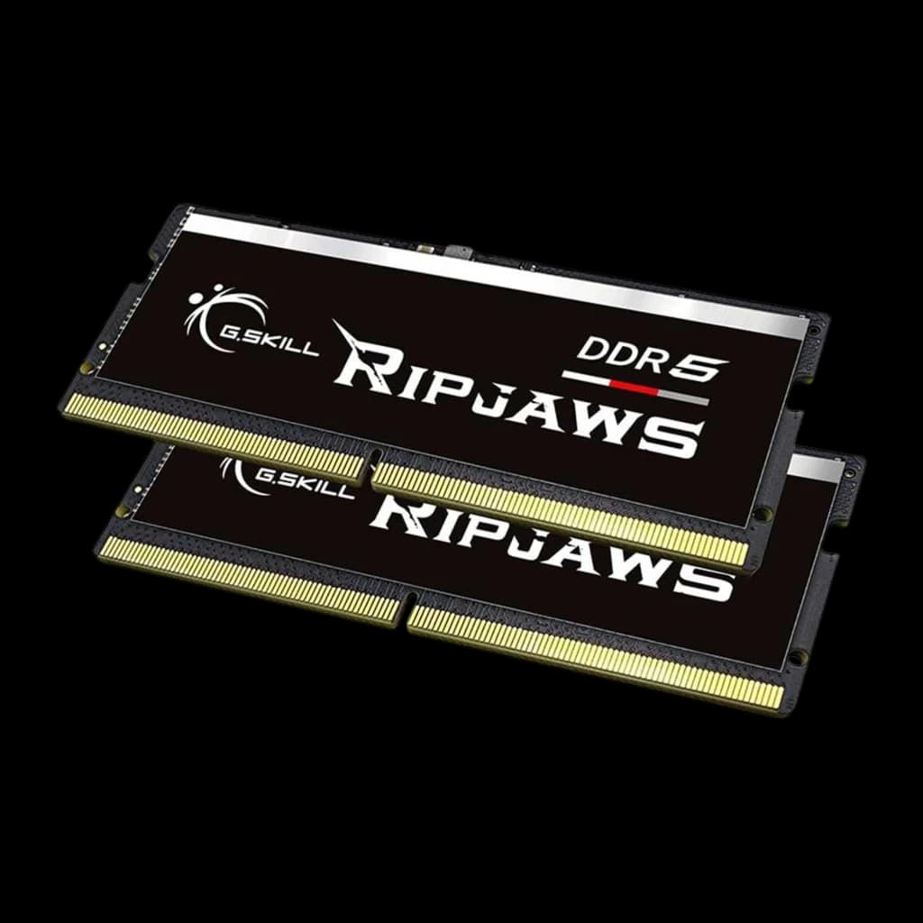 G.Skill Ripjaws DDR5 32GB noir, vue latérale-frontale: kit 2x SO-DIMM superposées montrant l'épaisseur et le bord supérieur