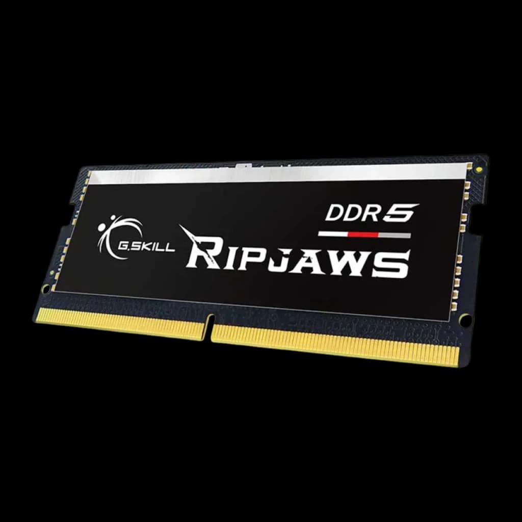 G.Skill Ripjaws DDR5 32GB noir, vue module unique en angle: un seul SO-DIMM, dissipateur noir, connecteurs dorés et logo DDR5