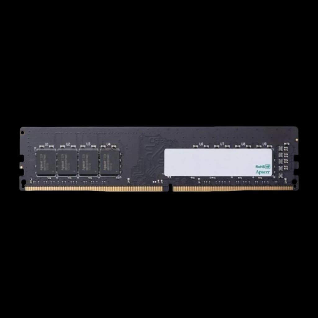 Apacer DDR4 3200 8GB, vista frontal: PCB negro con 4 chips de memoria y etiqueta RoHS Apacer