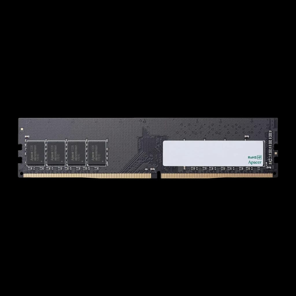 Apacer DDR4 3200 8GB, vista frontal ampliada: PCB gris oscuro con 4 chips visibles y etiqueta Apacer