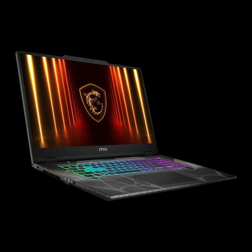 MSI Cyborg15  B13WFKG 1TB negro translúcido, vista frontal izquierda: pantalla con logo dragón, teclado RGB y chasis con