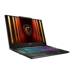MSI Cyborg15 B13WFKG 1TB negro translúcido, vista frontal izquierda: pantalla con logo dragón, teclado RGB y chasis con
