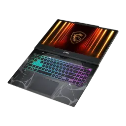 Portátil Gaming MSI Cyborg 15 con teclado retroiluminado RGB, diseño futurista gris translúcido y pantalla 15,6 FHD abierta mostrando logo MSI iluminado