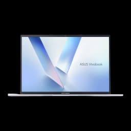 ASUS Vivobook 16 OLED 512GB argenté, vue de face: écran OLED allumé avec logo Vivobook et cadre argenté