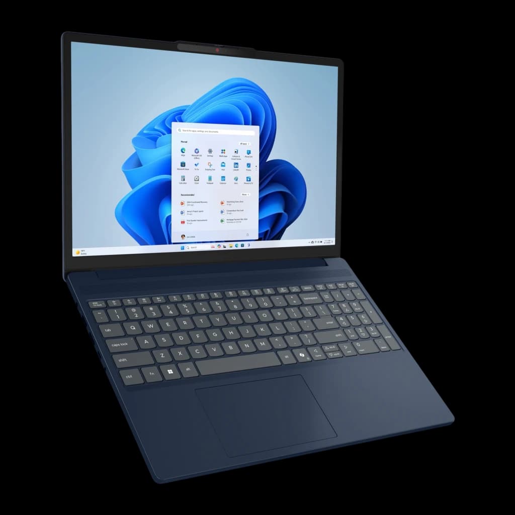 Lenovo IdeaPad Slim 3 15IRH10 512GB Cosmic Blue, ângulo frontal direito: ecrã Windows 11 e lateral do chassis azul visível