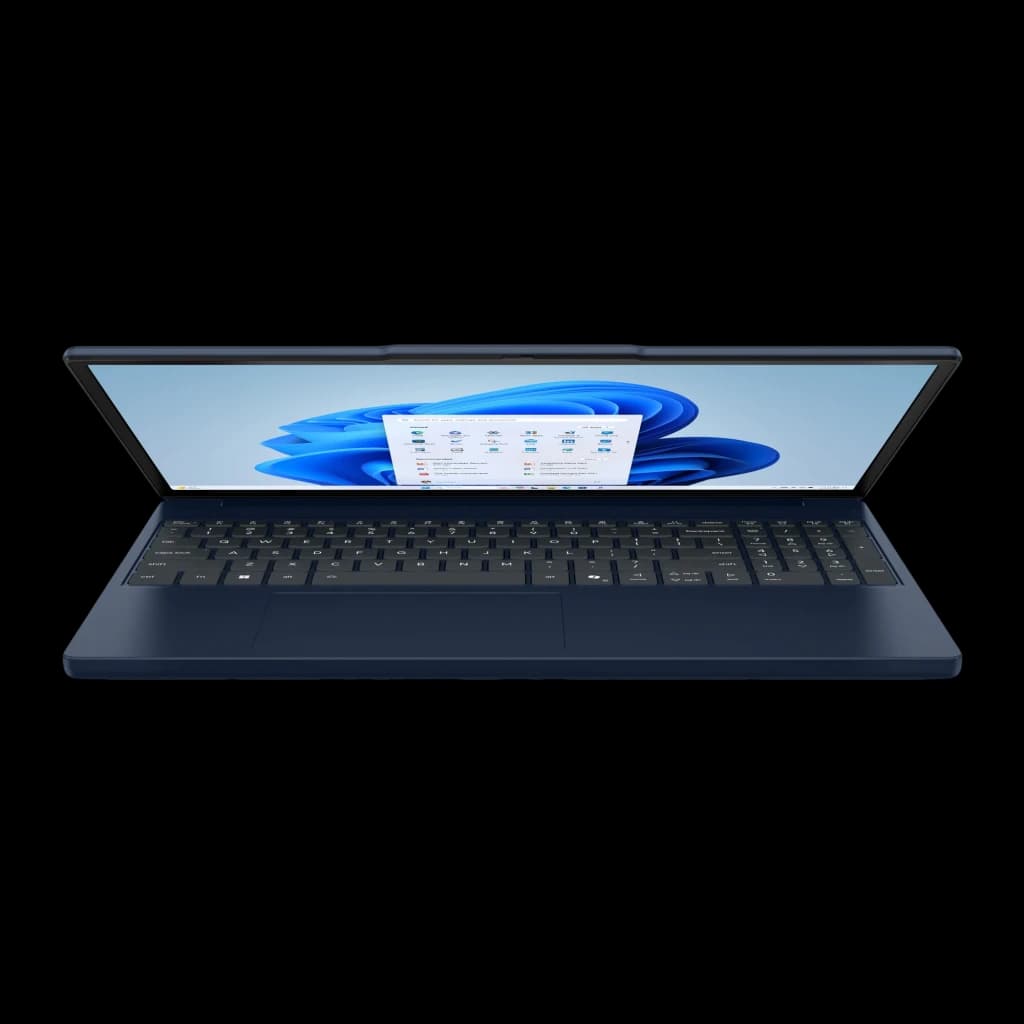 Lenovo IdeaPad Slim 3 15IRH10 512GB Cosmic Blue, vista lateral baixa: teclado completo em primeiro plano e ecrã inclinado