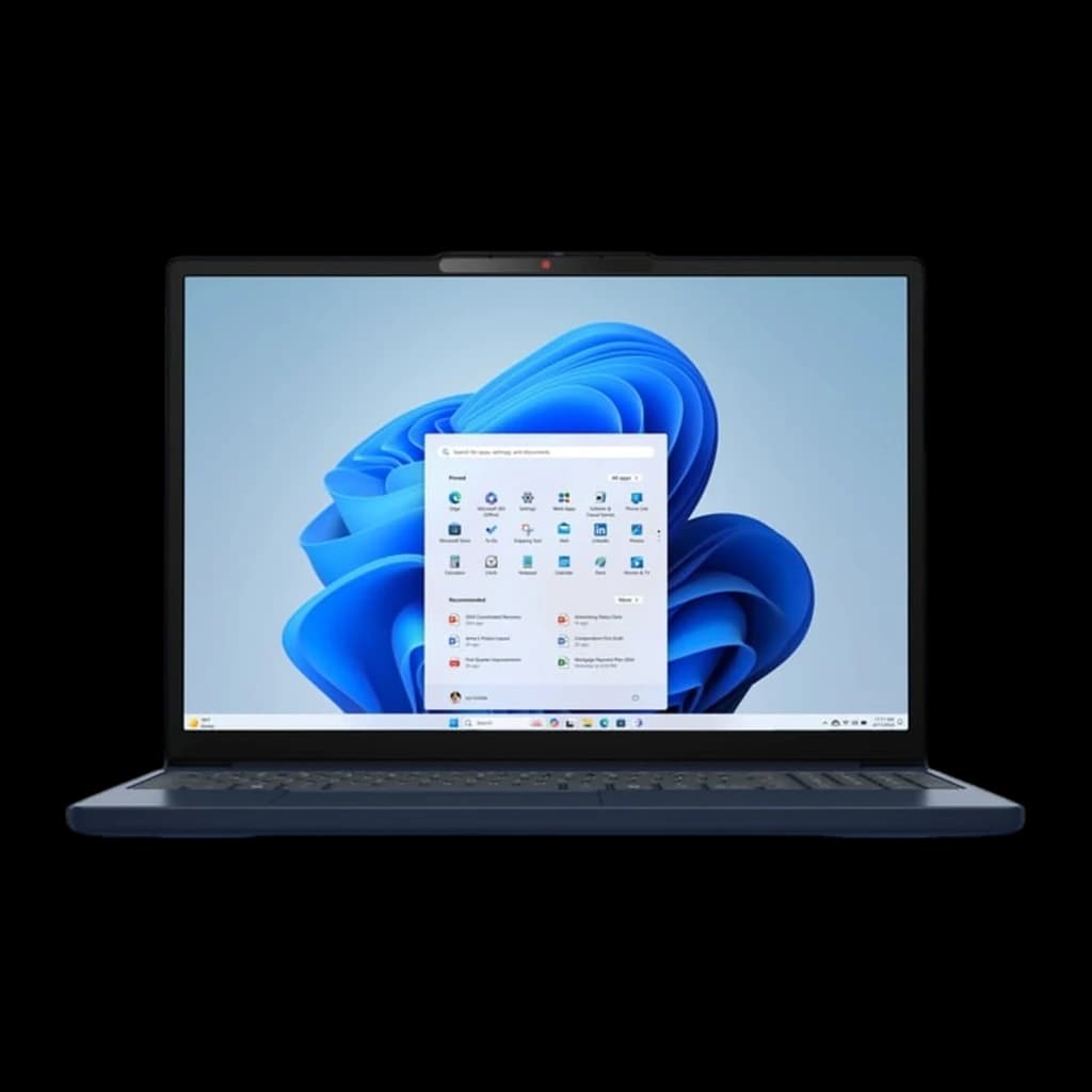 Lenovo IdeaPad Slim 3 15IRH10 512GB Cosmic Blue, vista frontal afastada: menu iniciar Windows 11 no ecrã e webcam visível