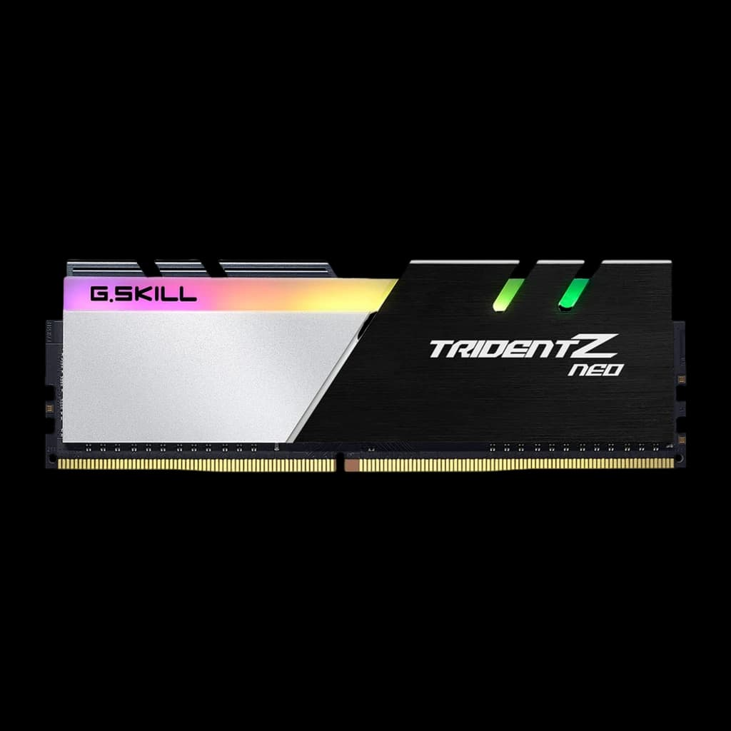 G.Skill TridentZ Neo 32GB DDR4 noir argent, vue de face: module DIMM unique avec éclairage RGB et dissipateur bicolore