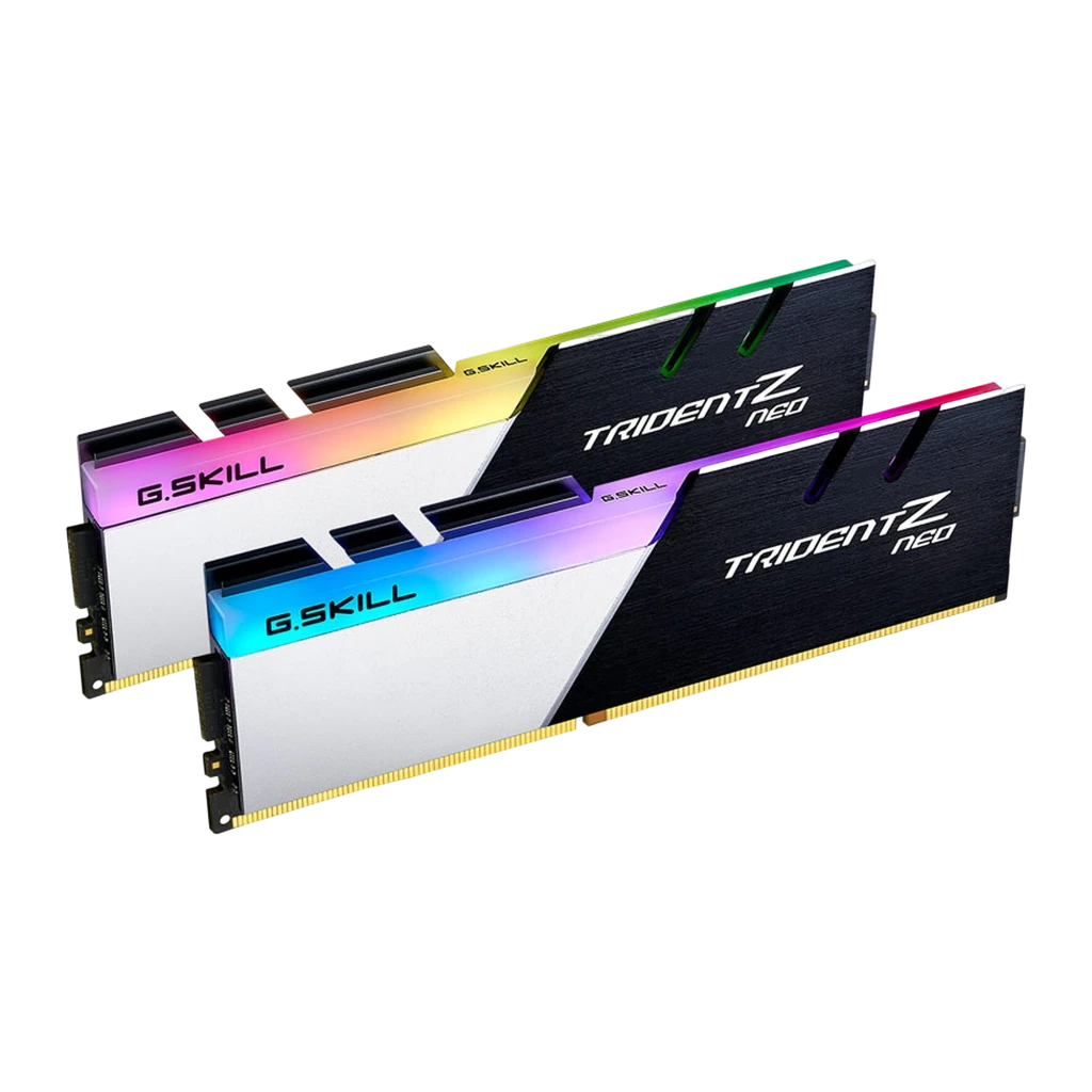 G.Skill TridentZ Neo 32GB DDR4 noir argent, vue de face: module DIMM unique avec éclairage RGB et dissipateur bicolore - Ítem1