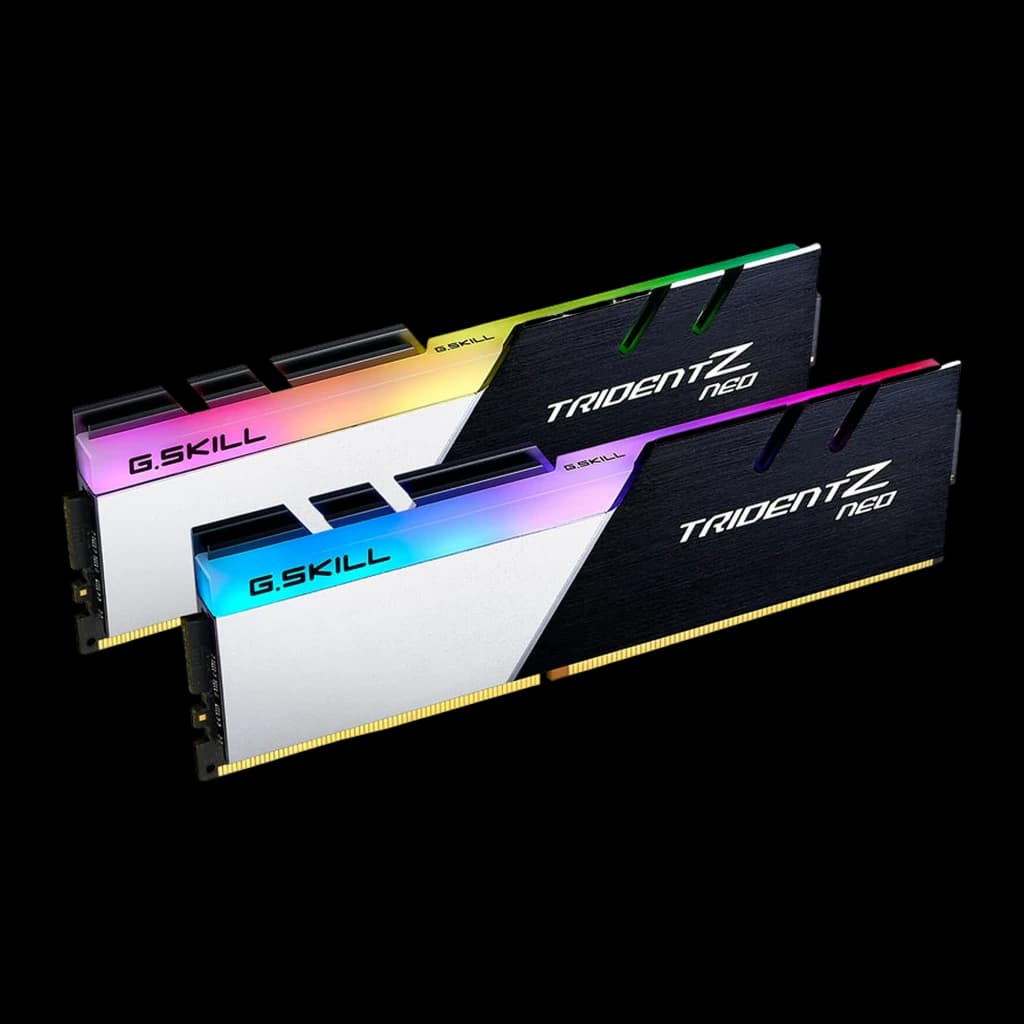 G.Skill TridentZ Neo 32GB DDR4 noir argent, vue en angle: deux modules DIMM empilés avec éclairage RGB multicolore