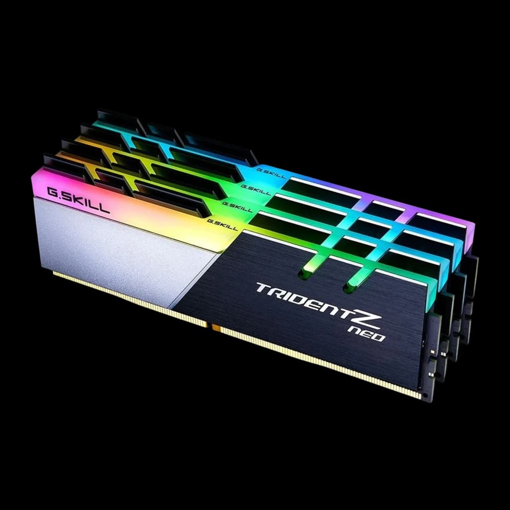 G.Skill TridentZ Neo 32GB DDR4 noir argent, vue en angle: quatre modules DIMM avec éclairage RGB vif sur les ailettes du