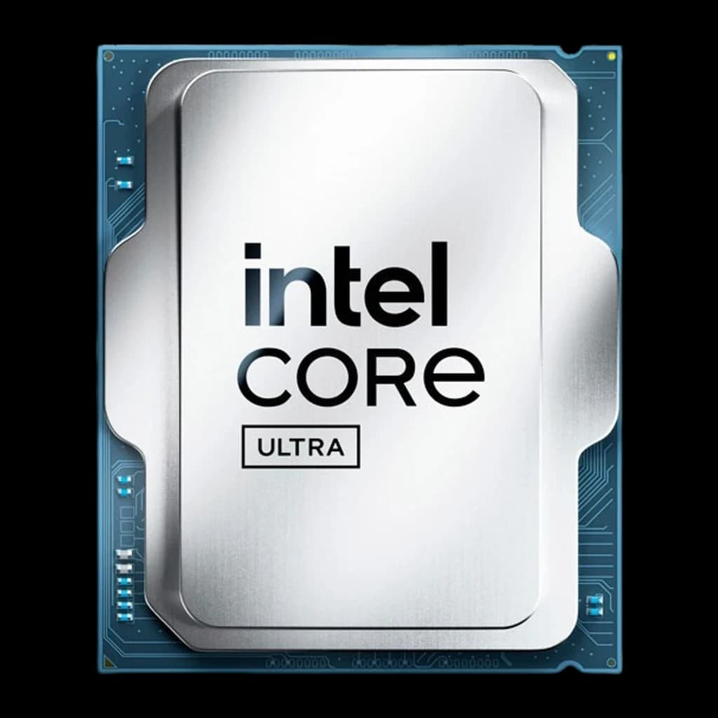 Procesador Intel Core Ultra 7 270K Plus con cubierta plateada pulida y logotipo negro, formato LGA1851 visible sobre PCB azul con detalles electrónicos
