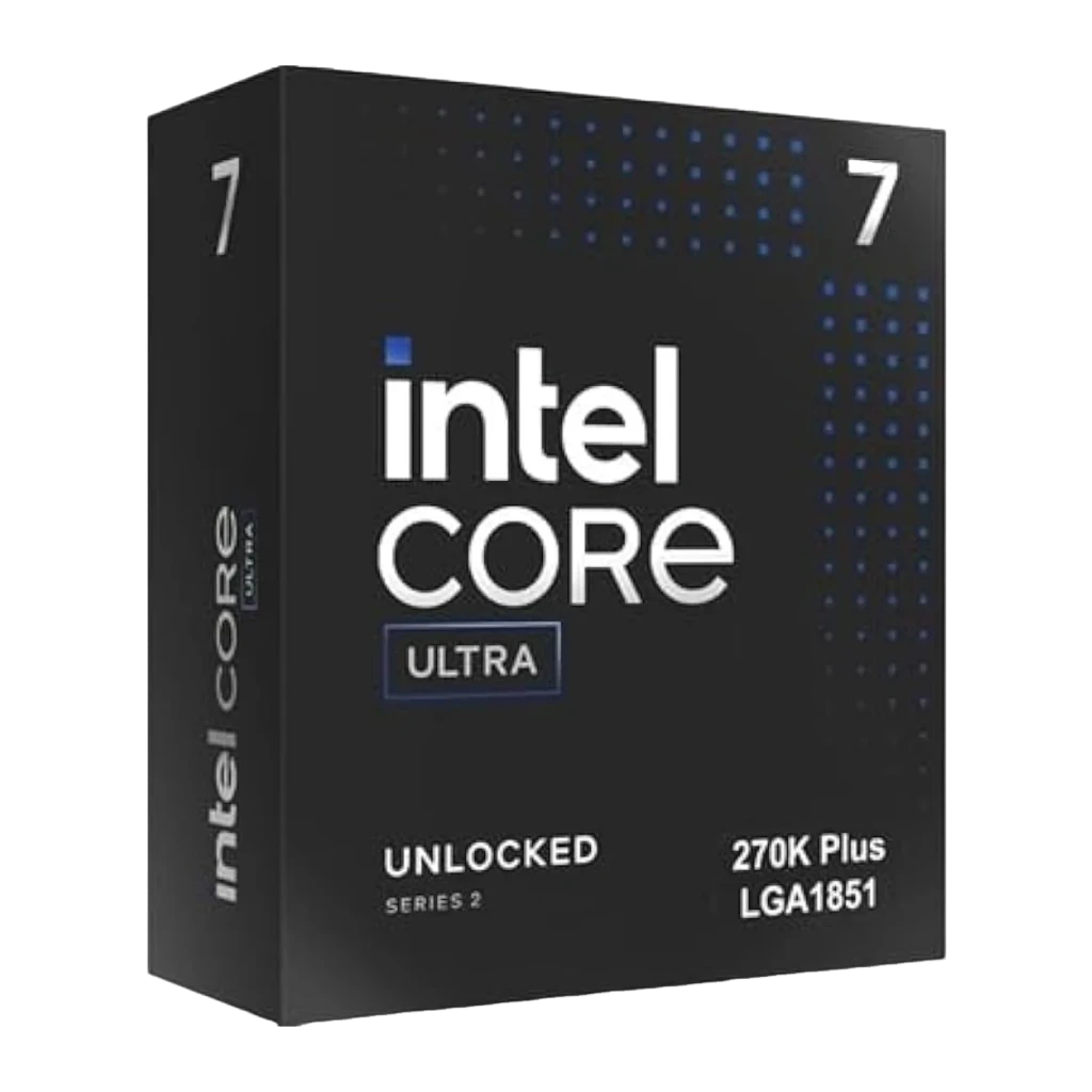 Boîte noire Processeur Intel Core Ultra 7 270K Plus avec logo argenté et bleu, mention Unlocked Series 2 et socket LGA1851 bien visibles - Ítem