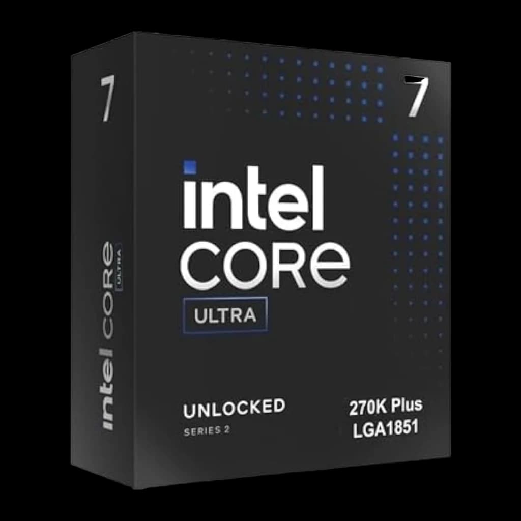 Intel Core Ultra 7 270K Plus LGA1851, vista frontal: IHS plateado con logotipo Intel Core Ultra centrado sobre PCB azul