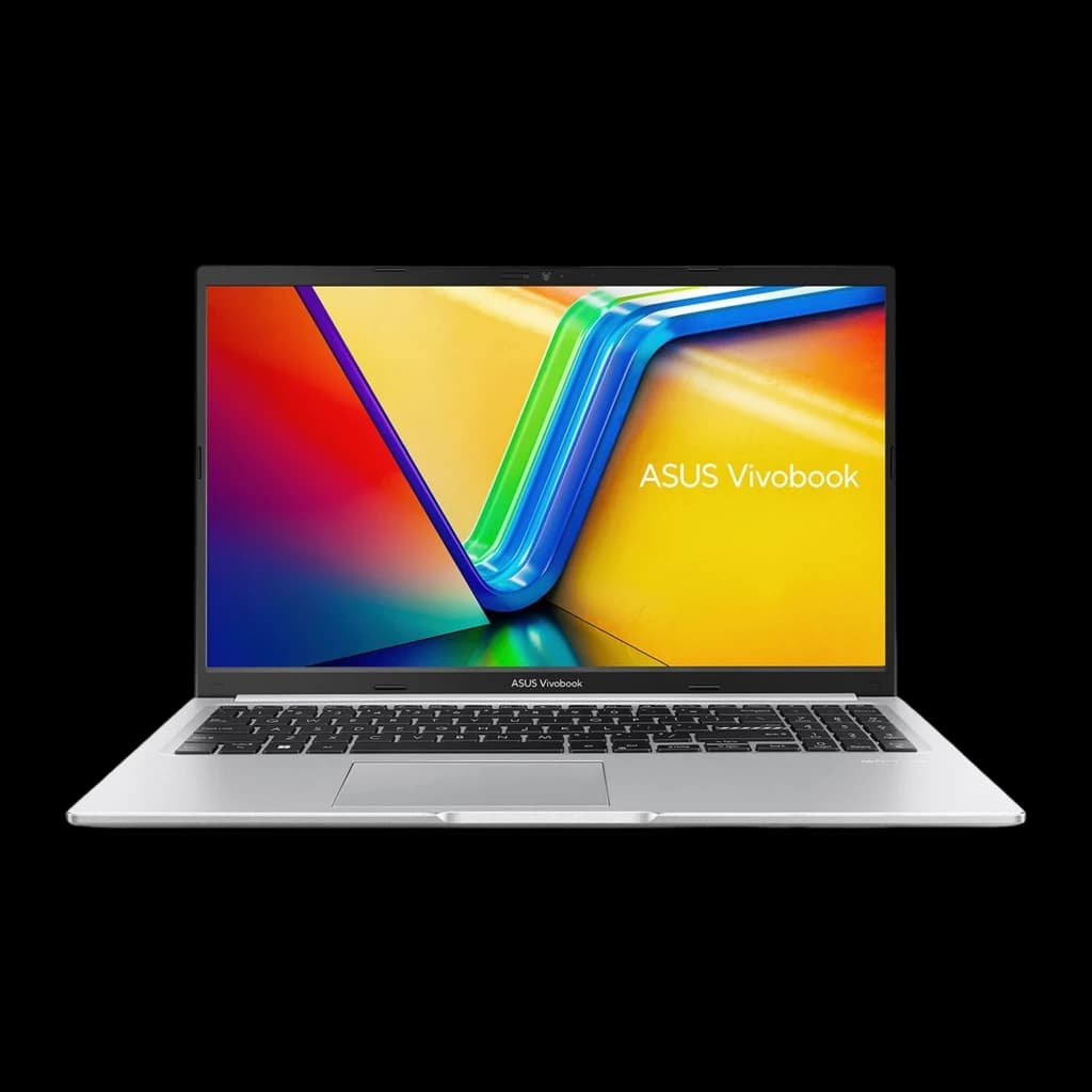 ASUS Vivobook 15 M1502YA 512GB Plata, vista frontal: pantalla abierta con logotipo Vivobook, teclado y touchpad visibles