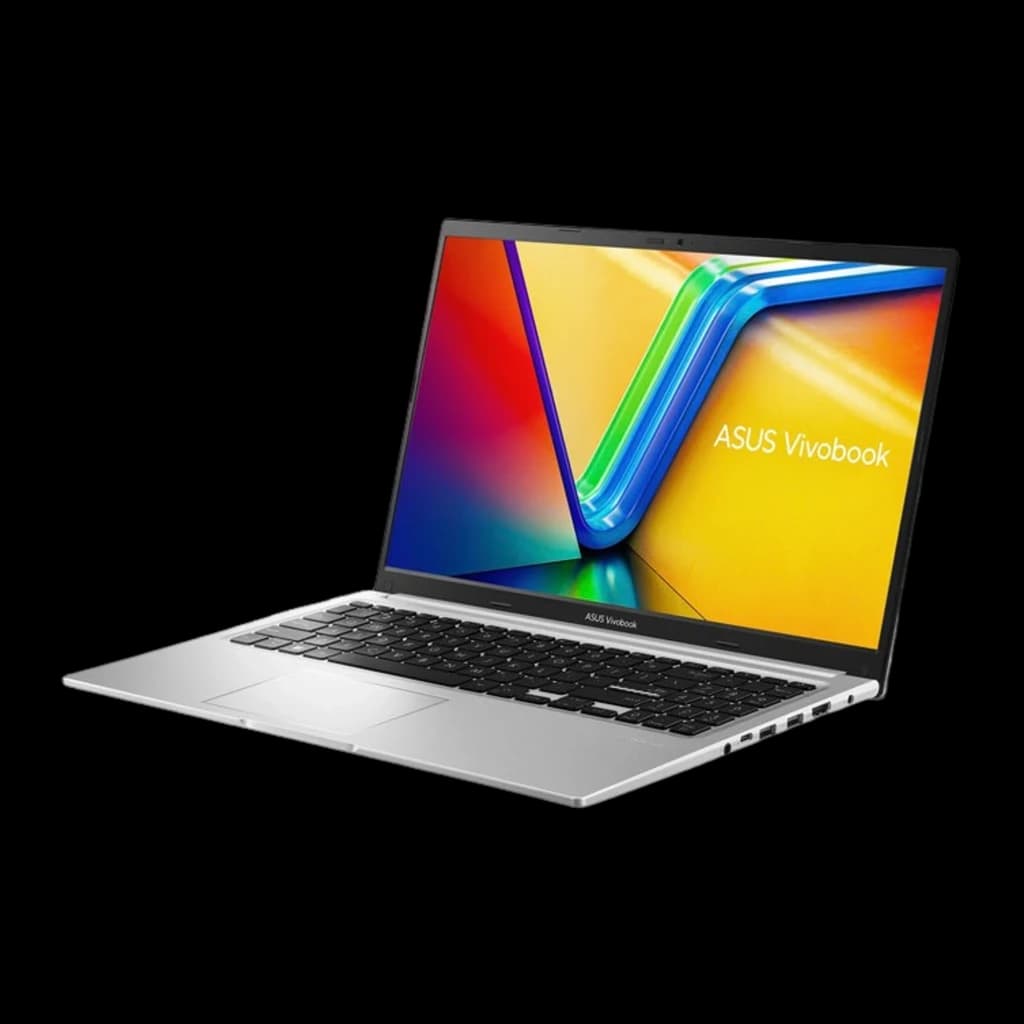 ASUS Vivobook 15 M1502YA 512GB Plata, vista lateral derecha en ángulo: pantalla abierta, teclado y puertos del lado derecho