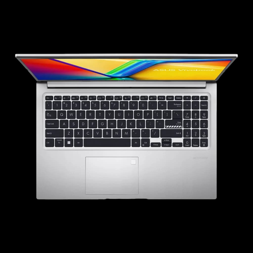 ASUS Vivobook 15 M1502YA 512GB Plata, vista cenital: teclado completo con numpad, touchpad con lector de huellas y pantalla