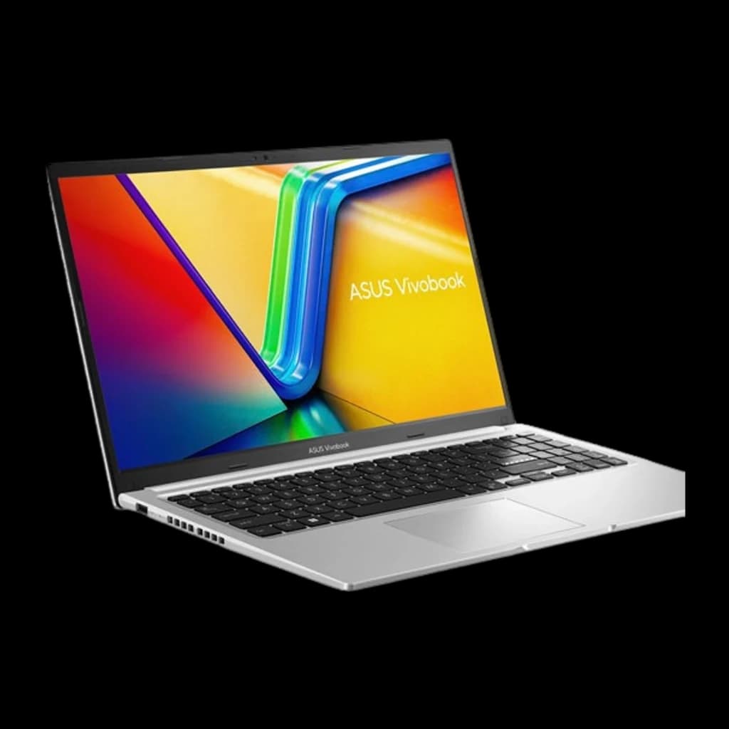 ASUS Vivobook 15 M1502YA 512GB Plata, vista lateral izquierda en ángulo: pantalla abierta, teclado y rejilla de ventilación