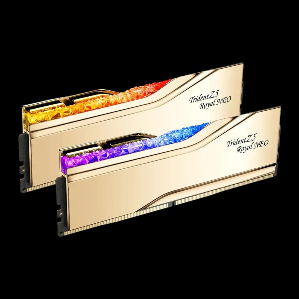 G.Skill Trident Z5 Royal Neo DDR5 32GB 6000MHz or, vue avant: deux modules avec éclairage RGB multicolore sur cristaux