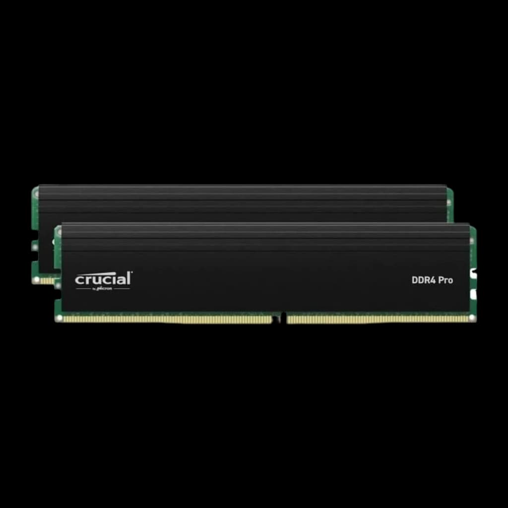 Crucial Pro DDR4 3200 64GB Preto, vista frontal: dois módulos RAM empilhados, dissipador preto com logo Crucial e etiqueta