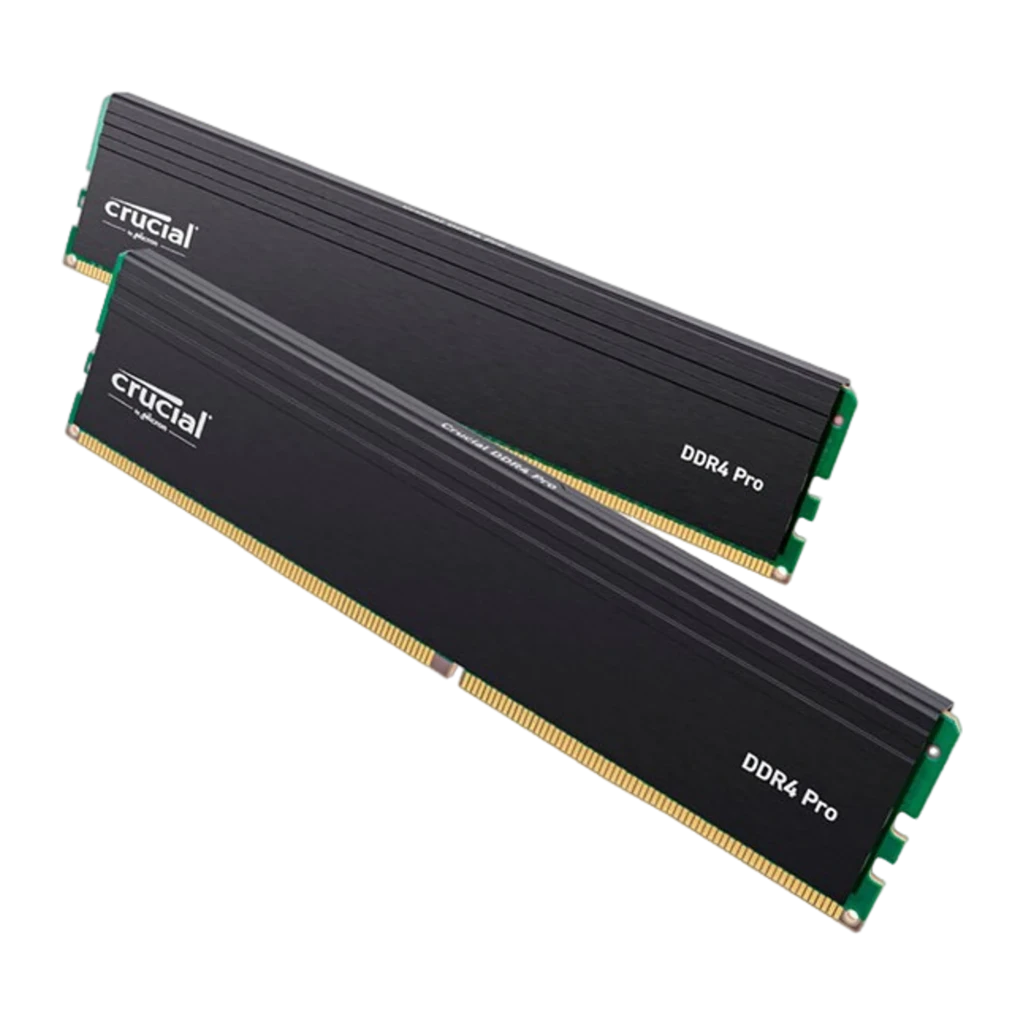 Crucial Pro DDR4 3200 64GB Noir, vue de face: deux modules RAM empilés, dissipateur noir avec logo Crucial et étiquette DDR4 - Ítem1