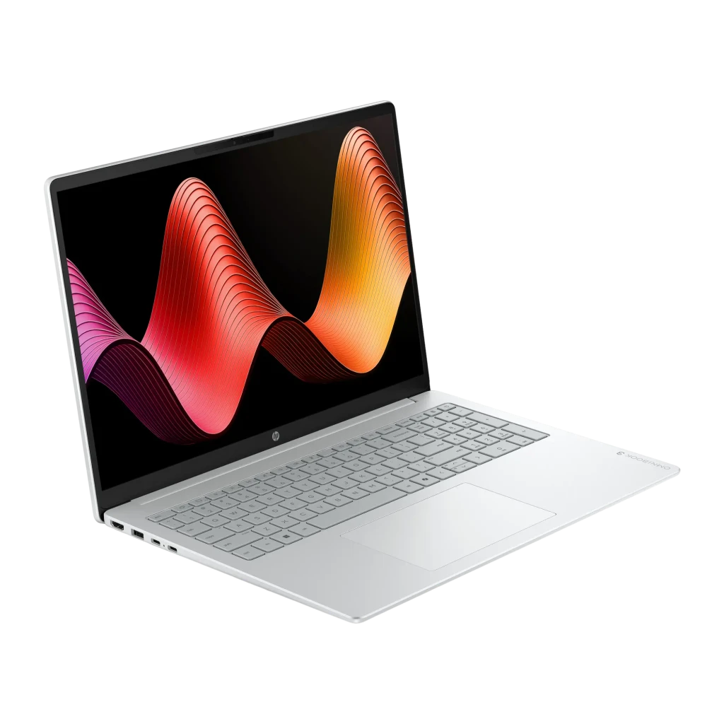 HP OmniBook 3 16 512GB Glacier Silver, vista frontal: pantalla con ondas rojas y naranjas, teclado completo y touchpad - Ítem1