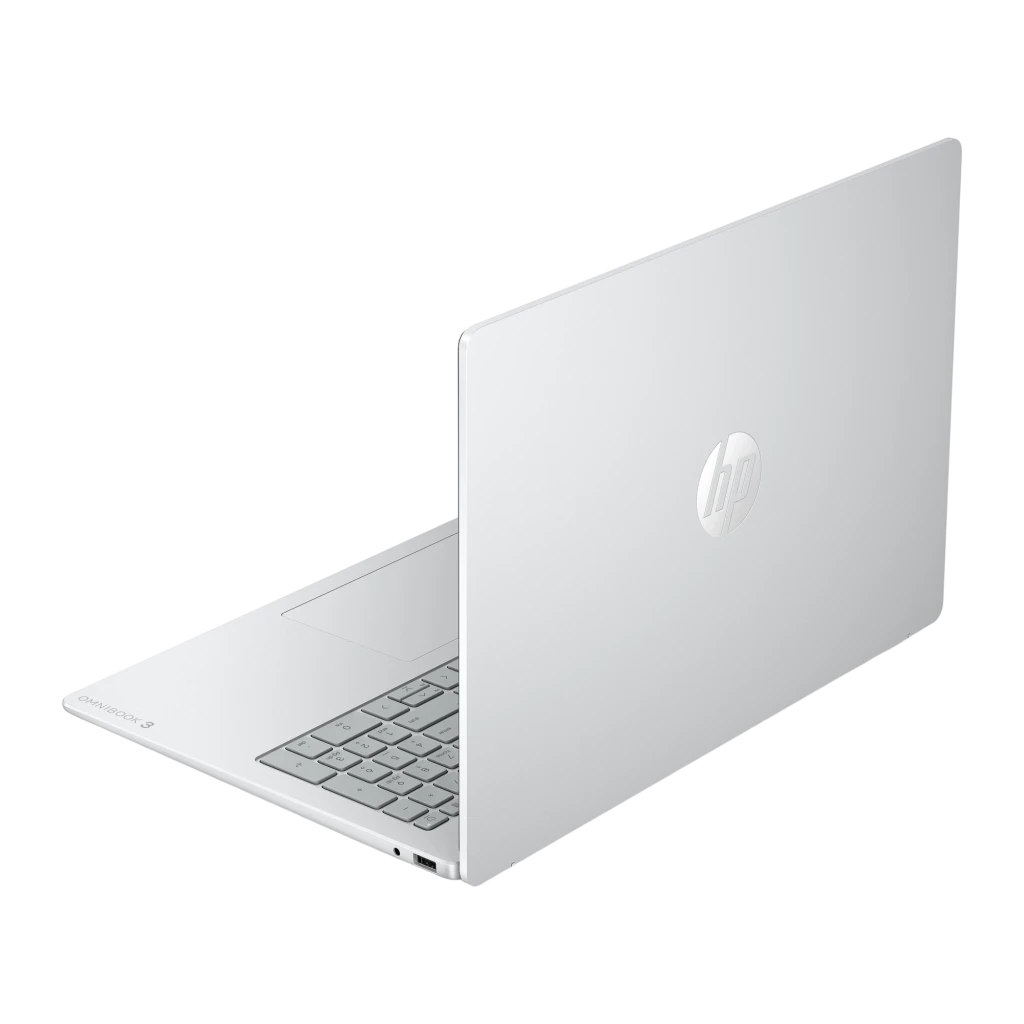 HP OmniBook 3 16 512GB Glacier Silver, vista frontal: pantalla con ondas rojas y naranjas, teclado completo y touchpad - Ítem2
