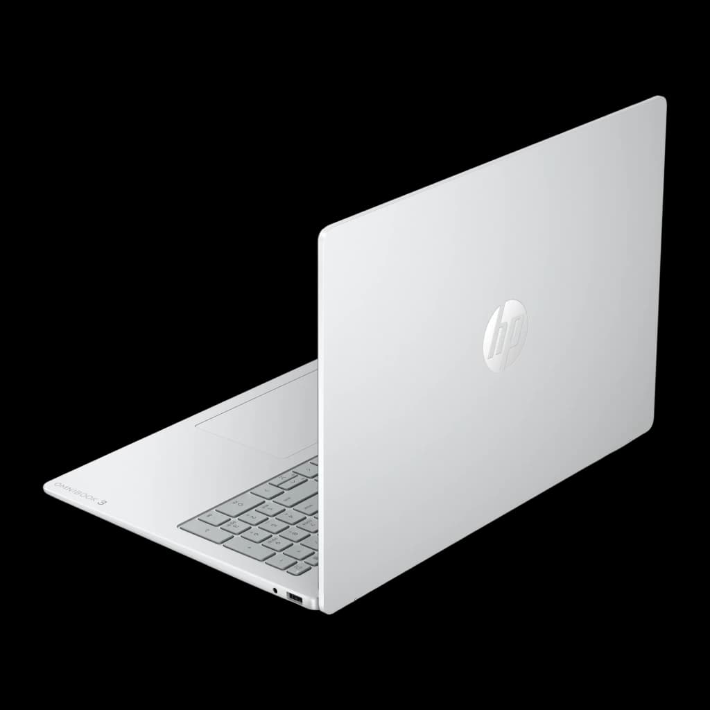 Ordinateur portable HP OmniBook 16 pouces blanc, coque mince avec logo HP argent, charnière discrète, clavier gris chiclet et ports latéraux élégants