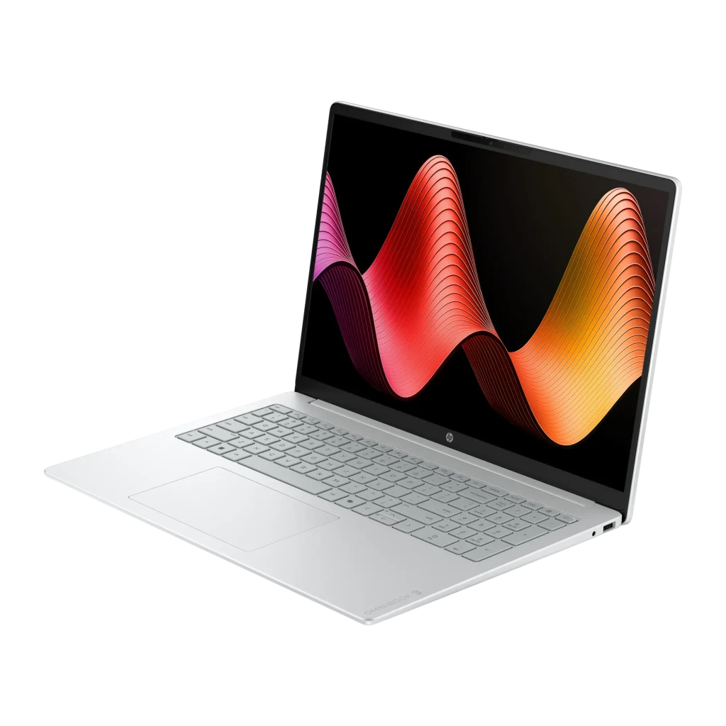 HP OmniBook 3 16 512GB Glacier Silver, vista frontal: pantalla con ondas rojas y naranjas, teclado completo y touchpad - Ítem3